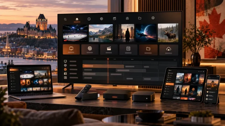 Téléviseur intelligent avec interface IPTV, appareils de streaming, ordinateur portable, tablette et téléphone dans un salon moderne au Québec.