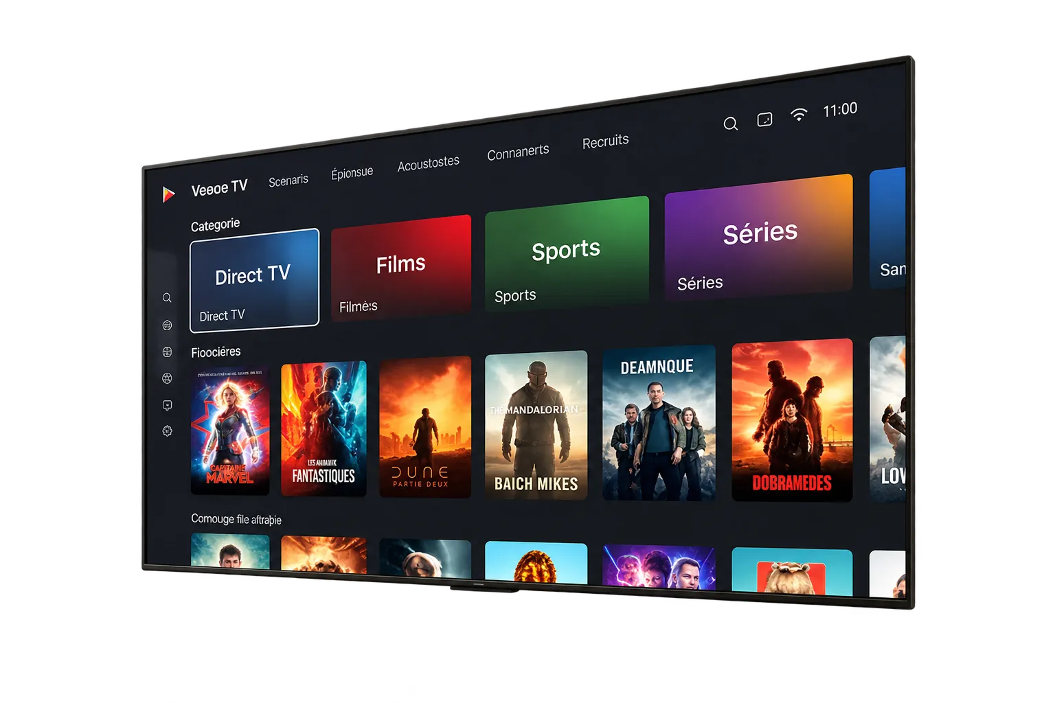 Téléviseur affichant une interface IPTV avec chaînes en direct, films, séries et contenu francophone.