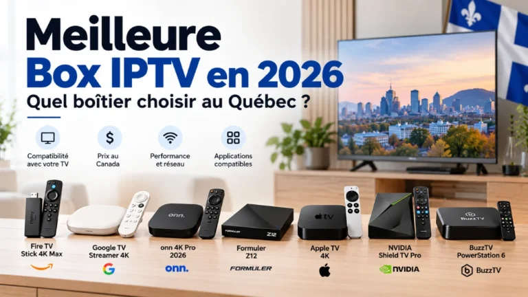 Meilleure box IPTV en 2026 au Québec avec Fire TV, Google TV, Formuler, Apple TV, NVIDIA Shield et BuzzTV